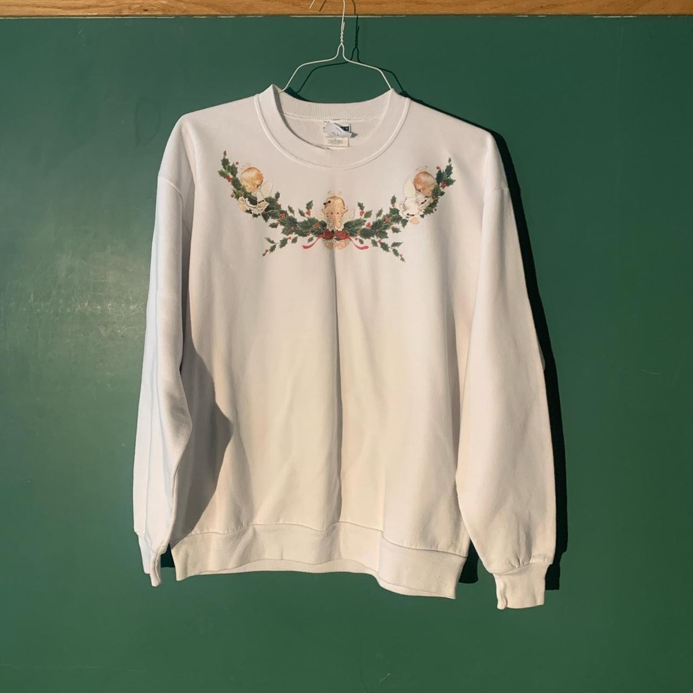 Jerzees Vintage White Christmas Angels Mistletoe Crewneck Sweatshirt Large